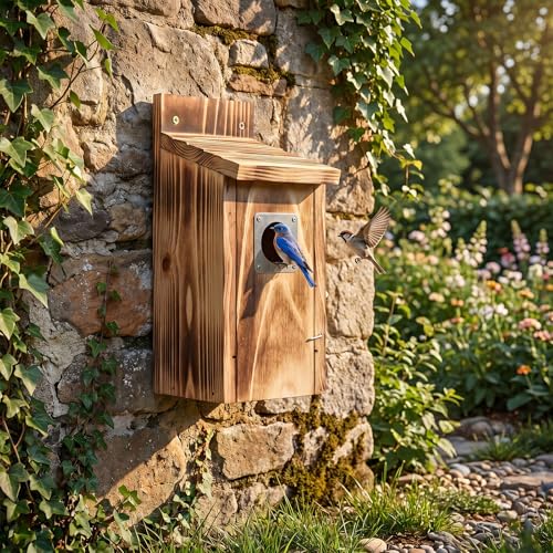 Dreyoo 2 Pack Bluebird Box Houses for Outside,1-1/2'' Entrance Hole Wooden Bird Houses with Metal Guard, Secure Latch,Fledgling Grooves,Air Vents for Bluebird Wren Swallow(Burnt Wood) - color: Burnt Wood