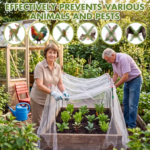 Metal Garden Netting Kit, 10 Pack 2.6ft Raised Bed Net Support Stakes with 10"x20" Fine Mesh Insect Netting 16 Pcs Clips Insect Row Cover for Raised Beds Protect Vegetable Row