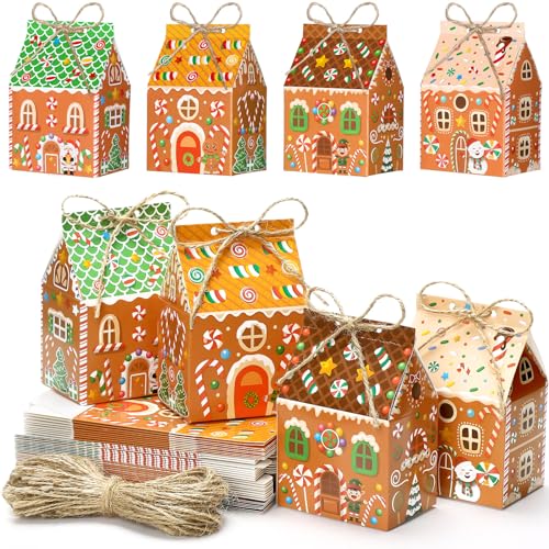 Zhanmai 48 Pcs Christmas Gingerbread House Treat Boxes Candy Containers | Paperboard with Handles, Ideal for Halloween Party Favors, Treats Packaging, Goodie Bags, Holiday Snacks, Xmas Decor - style: Gingerbread House