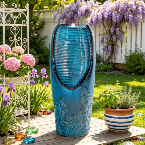 Autodaya 33" H Ceramic Jar Outdoor Water Fountain, Banana Leaf-Texture | Artisan High-Fired Glaze, Warm Ambient LED Lighting, Upgraded Pump, Soothing Cascading Water Feature For Garden Patio Yard - color: 32"h-leaf Pattern Teal Blue Glaze