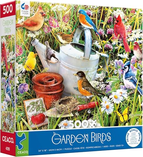 Ceaco - Garden Birds - 500 Piece Jigsaw Puzzle for Adults | Art by Greg Giordano, Made in USA, Includes Poster, Giftable, Frameable
