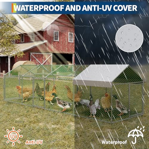 GAOMON Large Metal Chicken Coop with Waterproof and Anti-UV Cover, 160" x40" x40" Chicken Run with 4 Doors, Outdoor Hen House for Yard, Walk in Poultry Cage for Rabbit Duck Goose, Silver