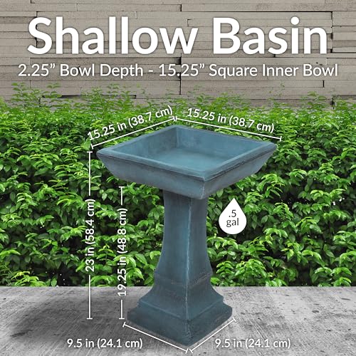 Sunnydaze Square Concrete Bird Bath for Outdoors, 23” H, Patina Green | Glass Fiber Reinforced Concrete, Easy Assembly, Bird Bath Bowl Holds ½ Gal of Water, Heavy-Duty Cement Bird Bath for Outside - color: Patina Green