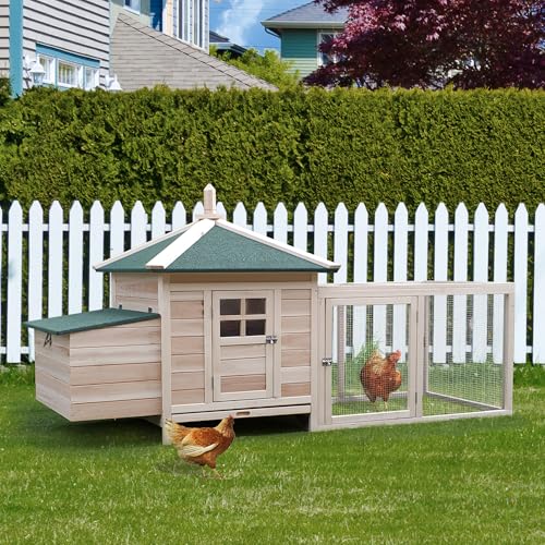 PawHut 77" Wooden Chicken Coop with Nesting Box, Cute Outdoor Hen House with Removable Tray, Ramp Run, for Garden Backyard, Natural | Cute Design, Removable Tray, Ramp Run, for Garden Backyard - color: Natural
