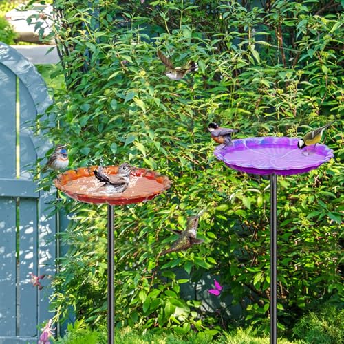 2PCS Hummingbird Bird Bath for Outside, Freestanding Metal Flower BirdBaths Bowl with Stake, Detachable Birdfeeder for Outdoor Yard Lawn Garden Decor (2PCS-Purple-Orange) - style: 2PCS-Purple-Orange