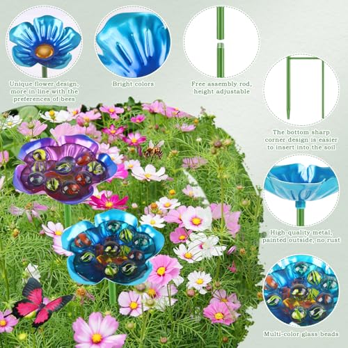 2 Pcs Bee Watering Station, Bee Feeder Bee Waterer Bee Bath for Garden | Metal, Flower-shaped, with Glass Marbles, Detachable, Bee Watering for Outdoor Garden Courtyard Decor - color: 2PCS-Flower