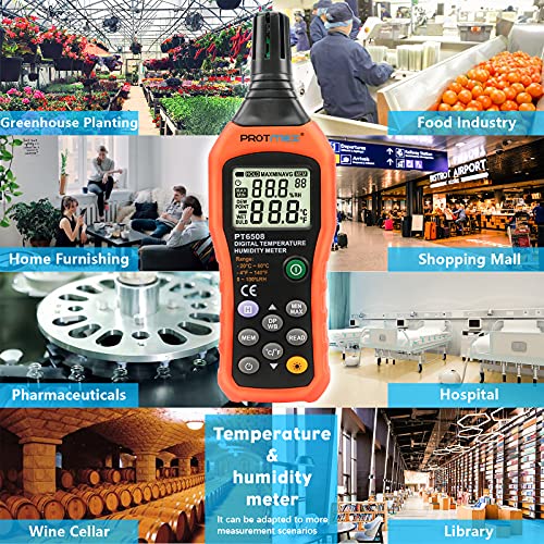 PT6508 Temperature Humidity Meter - Wet Bulb for Indoor/Outdoor | Digital Thermometer Hygrometer Monitor with Ambient, Dew Point, MIN, MAX, Data Hold, LCD Backlight - size: PT6508