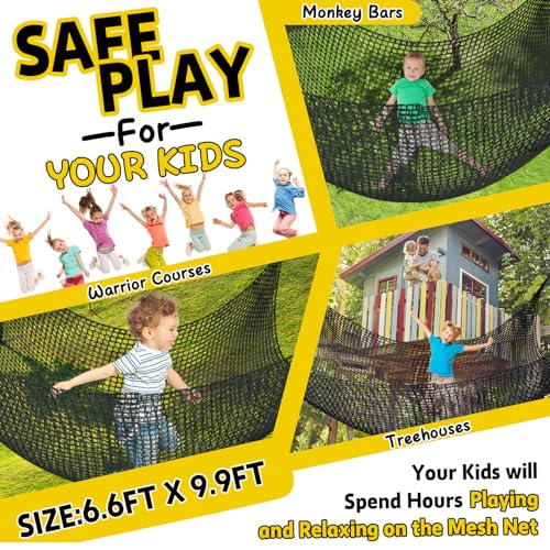 Climbing Net for Kids - 9.9FT x 6.6FT Double Layers Heavy Duty Playground Safety Net, Climbing Cargo Net for Tree House Tree Fort, Back Yard, Jungle Gyms, Monkey Bar Security Mesh（Black） - color: Black, size: 6.6' x 9.9'