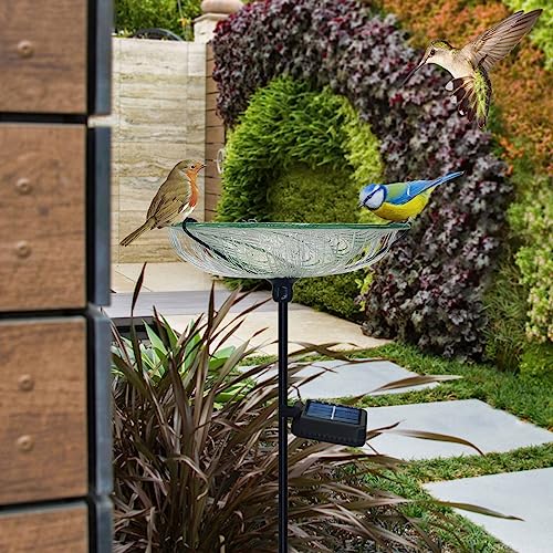 Bird Bath for Outdoors Solar Powered Glass Bird Bath Bowl with Metal Stake for Yard Lawn Garden Decorations, Transparent