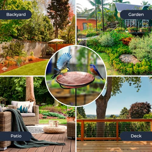 Monarch Abode Standing Bird Bath & Bird Feeder for Outdoors – Pure Copper Hand Hammered Birds Bath Bowl w/ 34-inch Detachable Iron Stand, Wild Birdfeeder and Birdbath for Outside Garden Backyard - style: Standing Bird Bath
