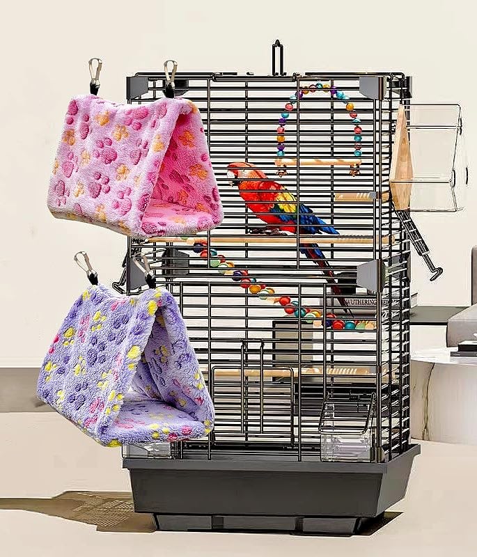 2 Pack Bird Nest Plush Snuggle Bird Hammock Hanging Bird Cave Parrot Sleeping Bed Shed Hut Hanging Tent for Budgies Finch Parakeet Cockatiel Cockatoo Lovebird-Foot Pattern (Pink&Purple) - color: Pink&Purple(Foot Print)