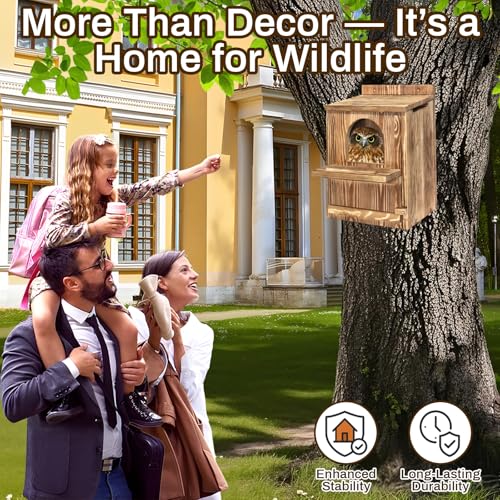 Large Owl House with Wood Shavings, Carbonized Pine Wood Nesting Box | Outdoor Owl Nesting Box with Ventilated Design and Easy Cleaning Access for Barred Owls, Screech Owls and Backyard Wildlife