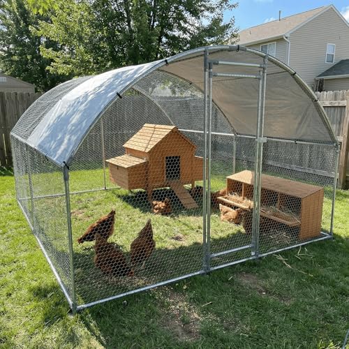 HEYTOWN Chicken Coop with Run, Large Heavy Duty Metal Poultry Cage with Dome Roof, Walk-in Chicken Pen with Waterproof Cover for Backyard Farm, for Ducks & Rabbits