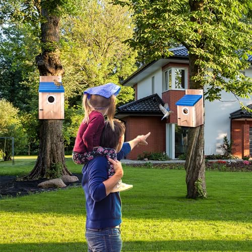 Dreyoo 4 Pack Bluebird Houses for Outside, 1-1/2'' Entrance Hole Wooden Bluebird Houses for Outdoors with Metal Guard, Secure Latch, Fledgling Grooves, Air Vents (Blue Roof with Wood Body)