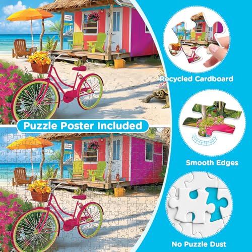 500 Piece Puzzle for Adults, Beach House Jigsaw Puzzle | Colorful Seaside Cottage Puzzle with Palm Trees and Pink Bicycle, Large Piece Puzzles, Fun and Challenging Family Games - style: Red houses on the beach