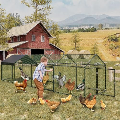 Metal Chicken Coop with Waterproof and Anti-UV Cover, 160" x40" x40" Chicken Run with 4 Doors, Outdoor Chicken Coop for Yard, Walk in Poultry Cage for Rabbit Duck Goose, Black