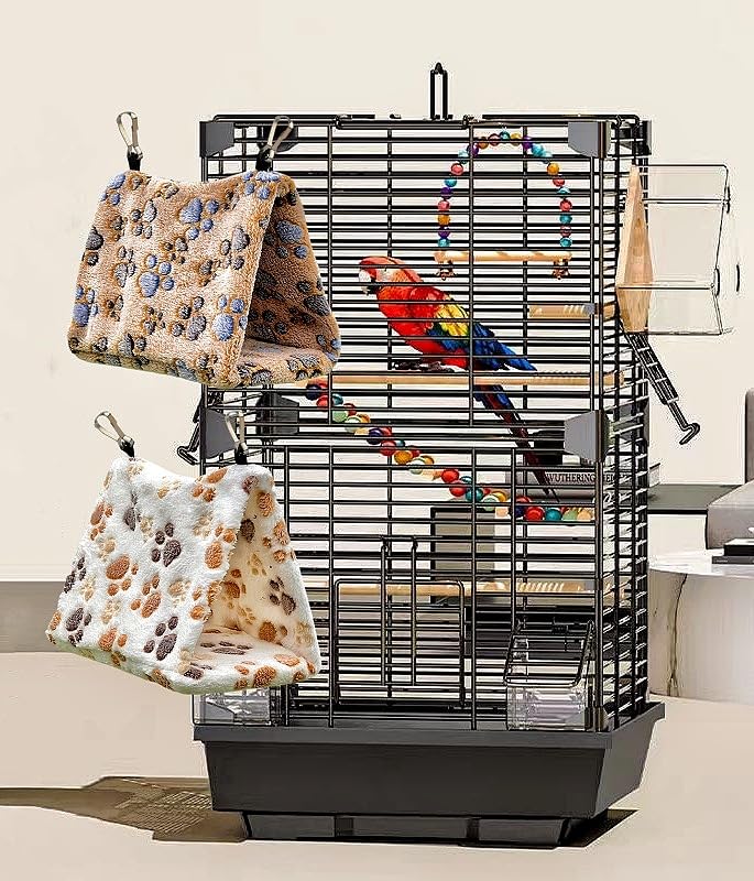 2 Pack Bird Nest Plush Snuggle Bird Hammock Hanging Bird Cave Parrot Sleeping Bed Shed Hut Hanging Tent for Budgies Finch Parakeet Cockatiel Cockatoo Lovebird-Foot Pattern (Brown&White) - color: Brown&White(Foot Print)
