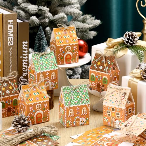 Zhanmai 48 Pcs Christmas Gingerbread House Treat Boxes Candy Containers | Paperboard with Handles, Ideal for Halloween Party Favors, Treats Packaging, Goodie Bags, Holiday Snacks, Xmas Decor - style: Gingerbread House