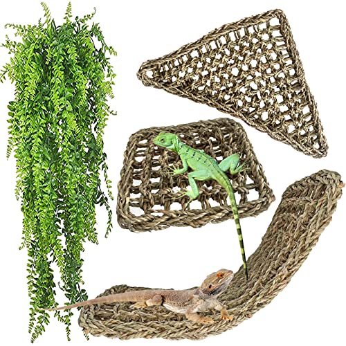 Reptile Hammock,Large Lizard Lounger,Bearded Dragon Tank Accessories Natural Seagrass Hammocks Hanging Flexible Climbing Vines Decoration for Gecko Snakes Chameleon(4 PCS)