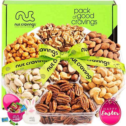 NUT CRAVINGS Gourmet Collection - Easter Treats (7 Piece Assortment) | Candies & Dried Fruit Nuts Gift Basket with Happy Easter Ribbon, Candy Filled Egg, Food Assortments + Bunny - style: 1. Deluxe Easter Ribbon - (7 Piece Assortment)