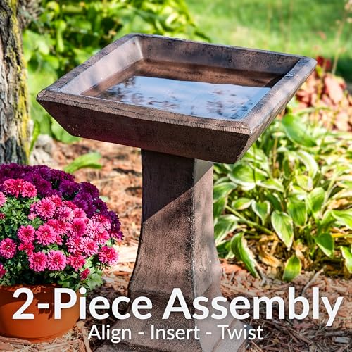 Sunnydaze Square Concrete Bird Bath for Outdoors, 23” H, Brown | Glass Fiber Reinforced Concrete, Easy Assembly, Bird Bath Bowl Holds ½ Gal of Water, Heavy-Duty Cement Bird Bath for Outside - color: Brown