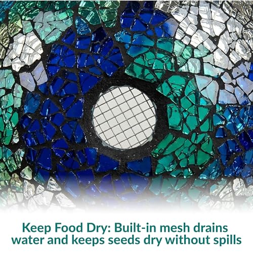 Sunnydaze Mosaic Glass Bird Feeder, Fly-Through, Indigo Flower Mosaic | 10" Small Unique Hanging Bird Feeder for Outdoors, Drainage Hole, Weather-Resistant, Birdfeeder for Cardinals, Jays, Finches - color: Indigo Flower Mosaic