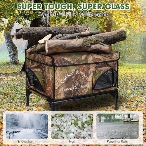 Heated Cat House for Outside Cat in Winter, Insulated Outdoor Feral Cat Shelter with Cat Heating Pad, 2 Doors,Elevated Waterproof Heated Kitty House (Camouflage, 21.5"x16.5"x18") - style: camouflage Cat House 04