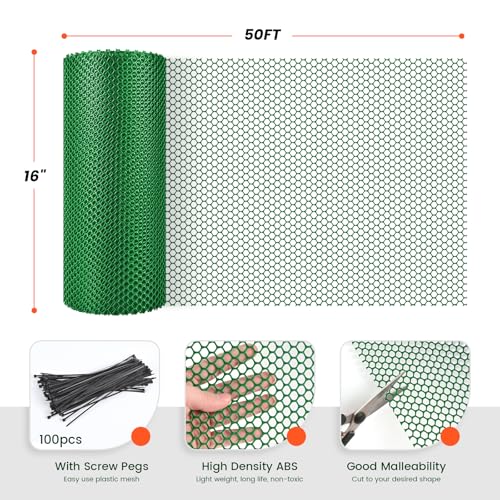 Toolterritary 16IN x 50FT Plastic Chicken Wire Mesh, Chicken Wire for Floral Arrangements, Chicken Wire Mesh for Crafts with 100 Pcs Zip Ties, Mesh Fence for Dogs, Deers, Poultry - color: Green, size: 16IN x 50FT