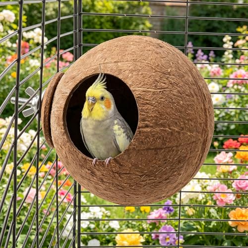 2 Pcs Natural Coconut Shell Bird Nest House Bed Breeding Nesting Anti-Pecking Bite Parakeet Hide Breeding Hut Bird Cage Accessories for Hamster Birds Parrot Budgie Lovebird Canary Finch