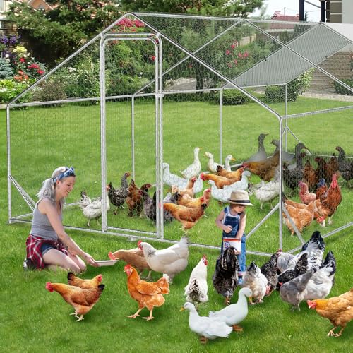 GarveeLife Large Chicken Coop, Metal Chicken Run with Anti-Ultraviolet Waterproof Cover, Spire Roof Walk in Poultry Cage, Outdoor Chicken Pen for Backyard and Farm Use, 9.8 ft x 19.7 ft x 6.6 ft - size: 118.1"L x 236.2"W x 78.7"H