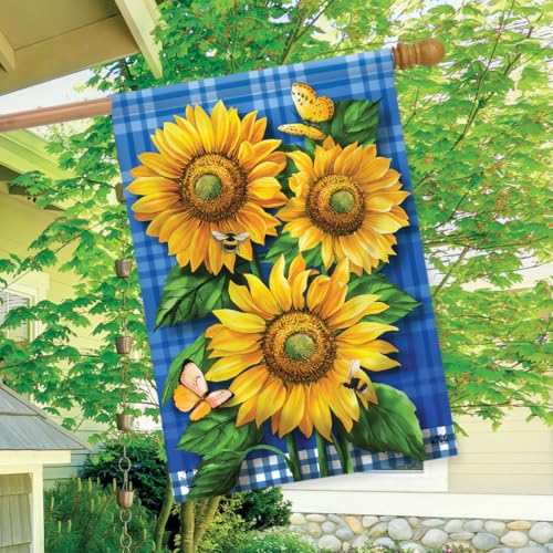 Blue Sunflowers Summer House Flag Plaid Floral 28" x 40" Briarwood Lane - color: Blue Sunflowers