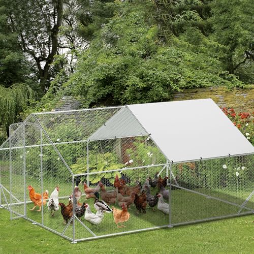 GarveeTech 6.5FT Walk in Chicken Coop Metal, Large Chicken Run with Triangular Brackets, Waterproof & Anti-UV Cover, Poultry Cage for Duck Goose Rabbit, Hen House for Yard Backyard Farm, 6.6' h - size: 9.8' x 13.1' x 6.6'