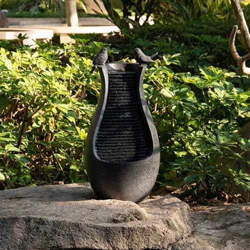 25" Outdoor Water Fountain - Durable Polyresin Bird Bath Style Waterfall with LED Lights & Adjustable Pump, Serene Water Fountain Outdoor for Garden, Patio, Deck, and Backyard Decor (25.59") - size: 25.59"