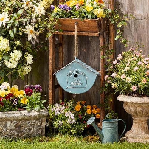 Vintage - Style Decorative Birdhouse, Rustic Metal Bird House with My Garden Distressed Finish, Hanging Bird Home for Garden and Outdoor Decor - color: Blue - Garden