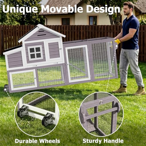 Chicken Coop with Run, Mobile Chicken Coop with Wheels for 4-6 Chickens, Large Outdoor Hen House with Nesting Box, Weatherproof Asphalt Roof, Pull-Out Tray for Small Animals in the Backyard - color: Grey