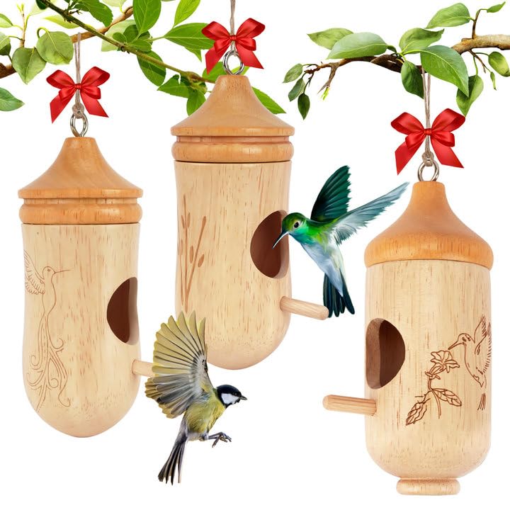 Hummingbird House, Small Hummingbird Houses for Outside | Wooden Bird House with Bow, String, Cute Gardening Gifts Home Decoration - color: Style-1, size: 3 Pack