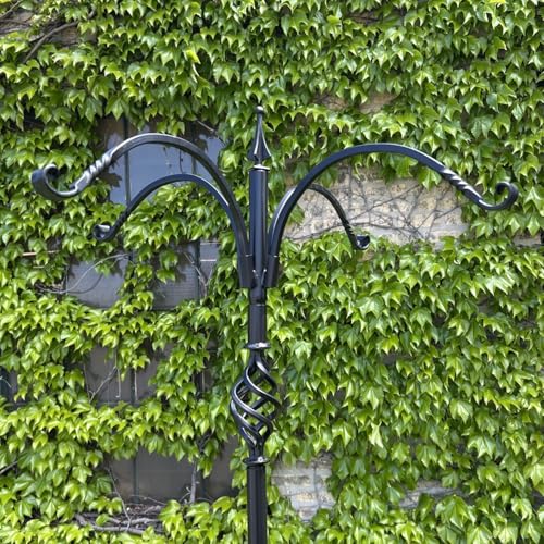 Bird Feeder Pole System - Made in USA Heavy Duty - Twist-in Black Tall Pole System for Hanging Bird Feeders, Flower Baskets, and Decoration - Easy Assembly - Scrolled Arms (FP5TLM4B)
