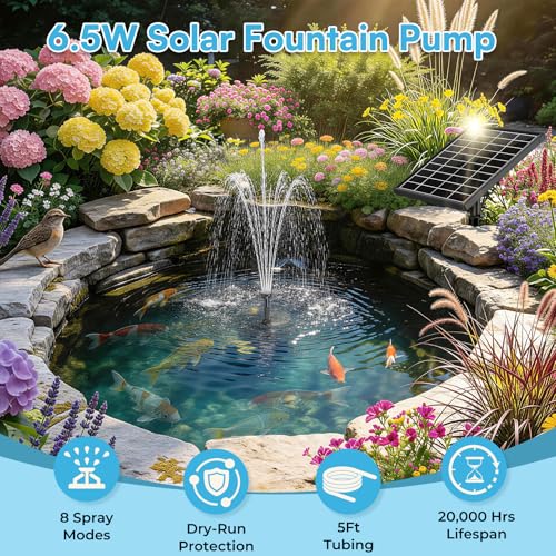 6.5W Solar Fountain Pump for Bird Bath, Solar Water Fountain with Dry-run Protection Water Pump, 8 Nozzles Modes, 5Ft Tubing for Pond, Bird Bath, Backyard DIY Water Feature Used - size: 6.5W