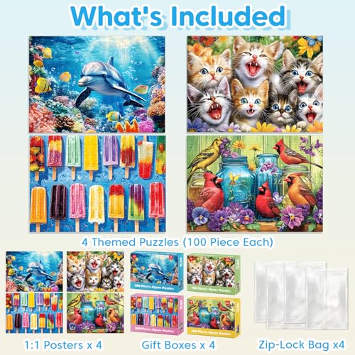 4-Pack 100 Piece Puzzles for Kids Ages 4-6 6-8 Popsicles Birds Dolphin Cat Large Puzzles for Kids 8-10 Years Old 100 Piece Jigsaw Puzzles for Seniors Adults Toddler Children Learning Educational Toys - style: Birds Dolphin Cat
