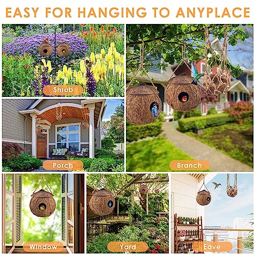 KATUMO Hummingbird Houses, Natural Coconut Bird Houses for Outside Hanging Hummingbird Swinging Nest, with Coconut Fiber Bedding for Nesting Window Garden Outdoor Home, 3Pcs