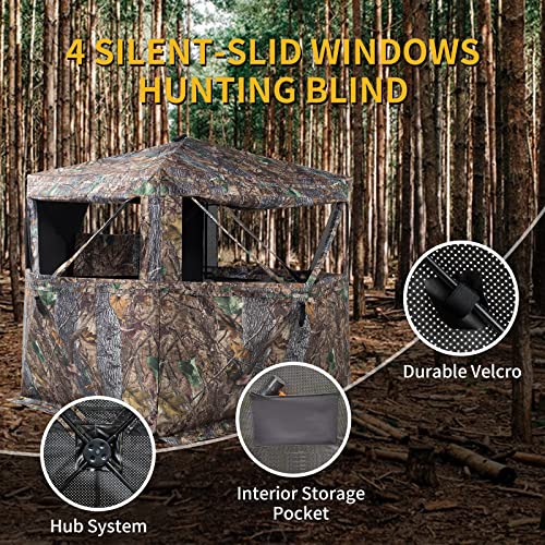 Hunting Blind 270/360 See Through Deer Blind, Pop Up Ground Blind | 2/3/4 Person Camouflage Tent, Portable Concealed Shelter with Carrying Bag, Silent Sliding Windows, Windproof Bottom Layer - size: 2-3 Person & Chair, style: 360