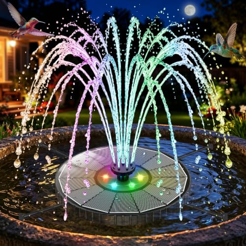 Solar Fountain with 3 Spray Height, Colorful Led Lights, 3.5W Glass Solar Bird Bath Water Fountain with 2000mAh Battery, 4 Rotating Rods and 7 Nozzles for Hummingbird Bathing, Outdoor Decor - color: Black