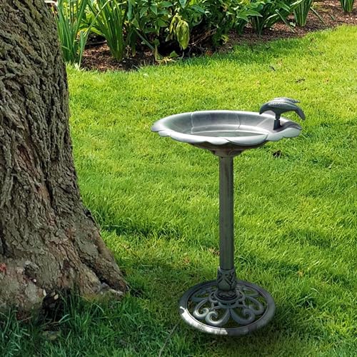 Alpine Corporation 31" Tall Outdoor Antique Flower Birdbath with Bird Decoration Yard Statue, Durable Polypropylene Construction for Patio, Deck, or Yard, Green - color: Green