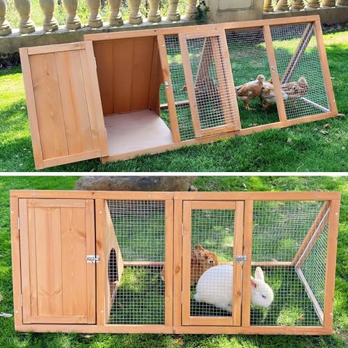Rabbit Hutch Outdoor Chicken Coop Run A-Frame Bunny Cage Wooden Quail Cage w/ 2 Door & Ventilated Wire Fence Small Animal Cage for Garden Backyard Farms 47 x 18 x 19.5 in - color: Wood