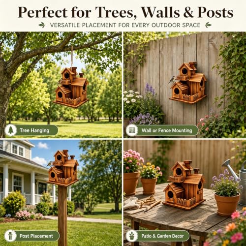 Wooden Bird Houses for Outside, 3 Compartments Villa Hanging Birdhouse, Carbonized Pine Nesting Box for Bluebird Wren Finch Backyard Garden Decor