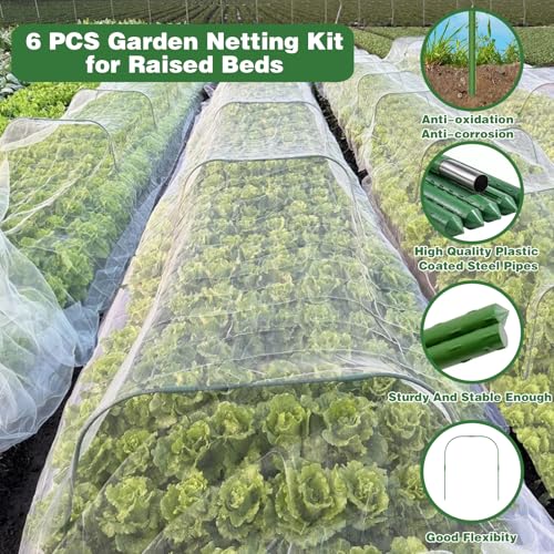 Garden Mesh Netting Kit, 10x33FT Ultra Fine Mesh Netting with 6 Sets Fiberglass Garden Hoops & 12 Clips for Tree Fruit Barrier Vegetable Fruits Flowers Shrubs Plant Covers Net