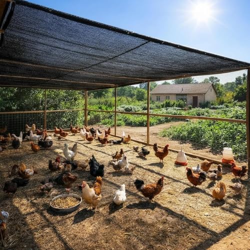 Chicken Coop Sun Shade Net, 90% UV Block 11.5x6.6 FT Heavy Duty Mesh Cloth with Bungee Cords, Easy Install for Poultry Run, Dog Kennel & Garden