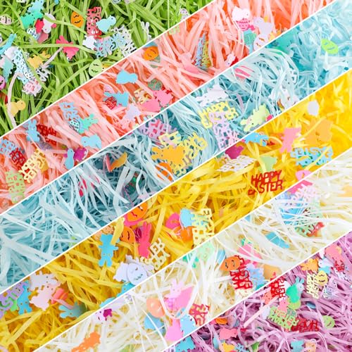 FOIMAS Easter Grass Basket Filler,11.6oz Shred Craft Paper with Confetti for Easter Basket Filler Stuffer Gift Packaging Supply - color: Green Blue