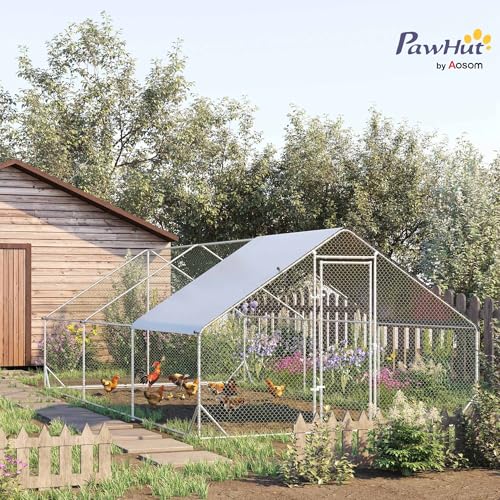 PawHut Large Chicken Coop w/Waterproof Anti-UV Cover 9.8' x 19.7' x 6.6' | Metal Chicken Run, Spire Shaped Walk In Fence Cage Hen House, Outdoor Yard Farm Use, 1" Tube Diameter - size: 118.1"L x 236.2"W x 78.7"H