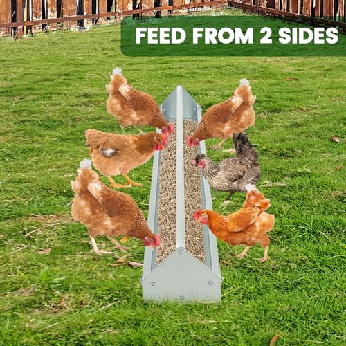45 Inches Long Chicken Feeding Trough, Heavy Duty Galvanized Steel Chicken Feeder with Crossbar and Drainage Holes, Large Capacity Poultry Feeder Trough for Duck Geese Pigeon
